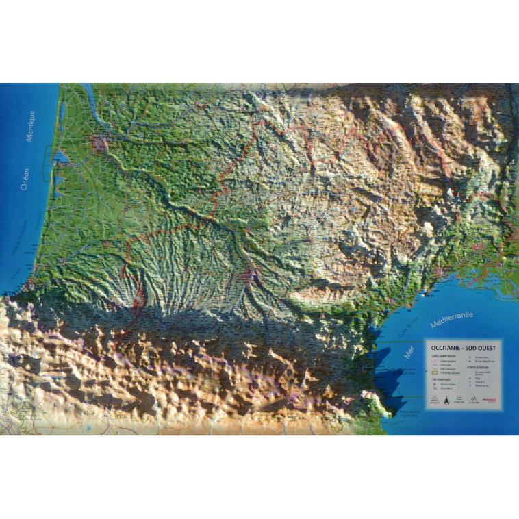 CARTE EN RELIEF DE L'OCCITANIE - SUD OUEST -  3DMAP - 3DMAP