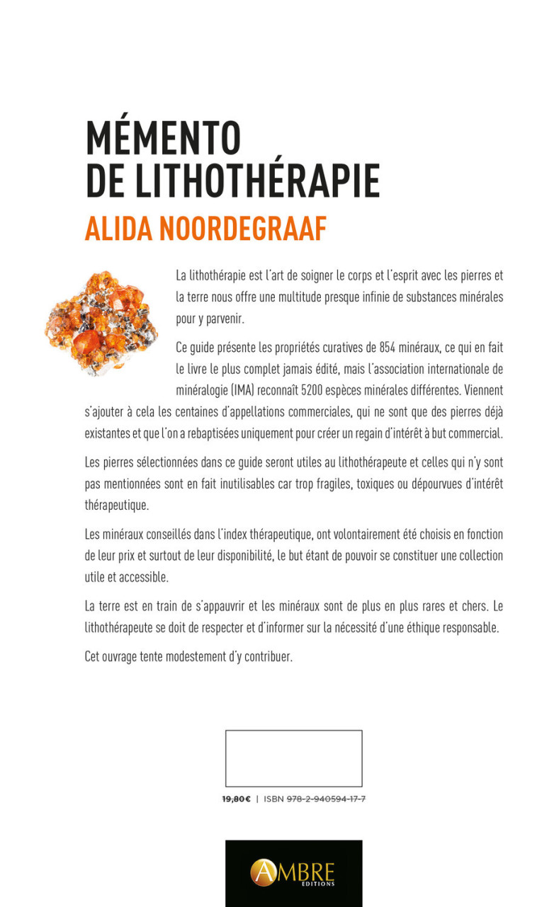 Mémento de lithothérapie - Plus de 850 minéraux et index thérapeutique de 400 troubles - Alida NOORDEGRAAF - AMBRE